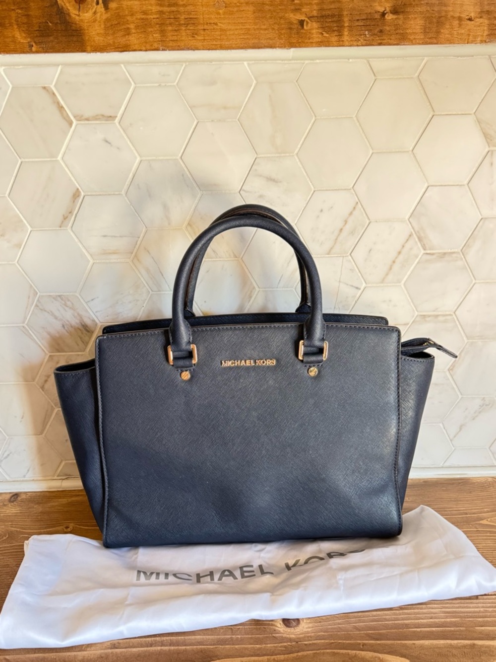 Michael Kors Selma Navy Saffiano Leather Satchel with Gold Hardware